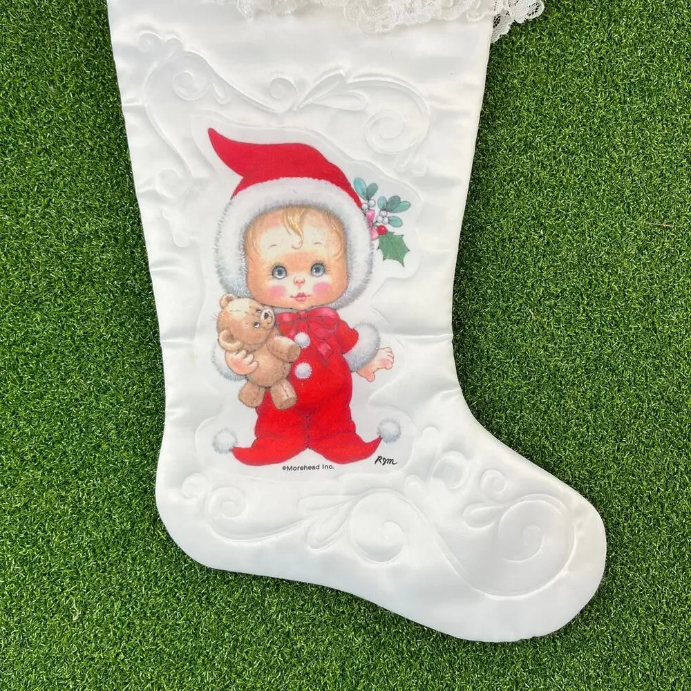 Vintage Morehead Holly Babes Baby's First Christmas White Stocking Lace Trim